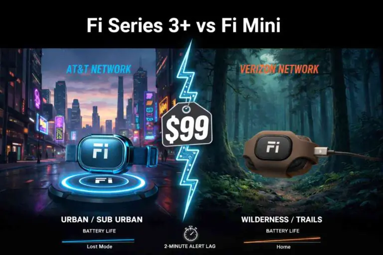 Fi Series 3+ vs Fi Mini comparison showing AT&T vs Verizon coverage and battery use