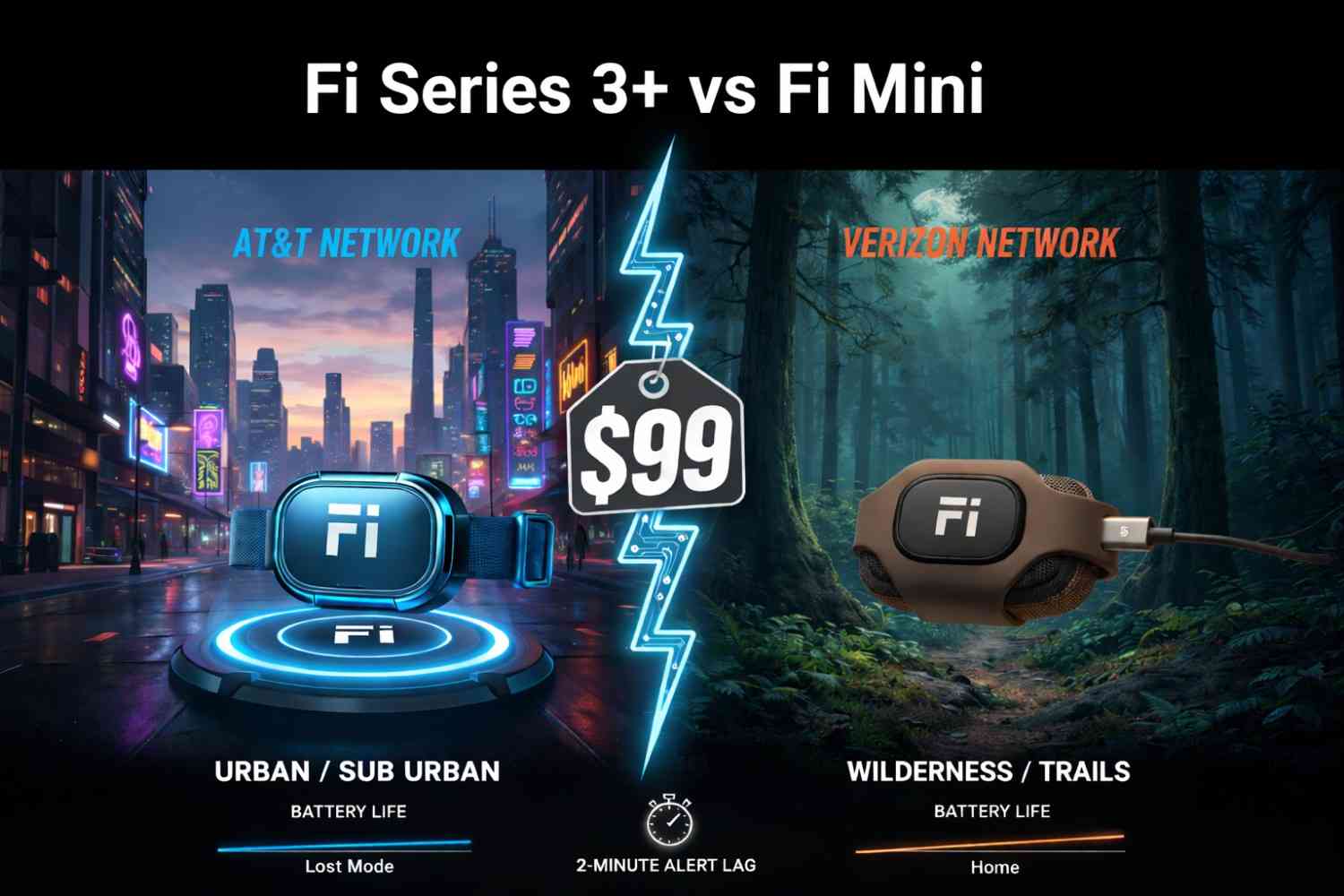 Fi Series 3+ vs Fi Mini comparison showing AT&T vs Verizon coverage and battery use
