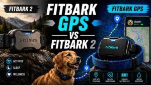 FitBark GPS Dog Tracker vs FitBark 2 comparison showing GPS tracking, health monitoring, and smart dog collar features