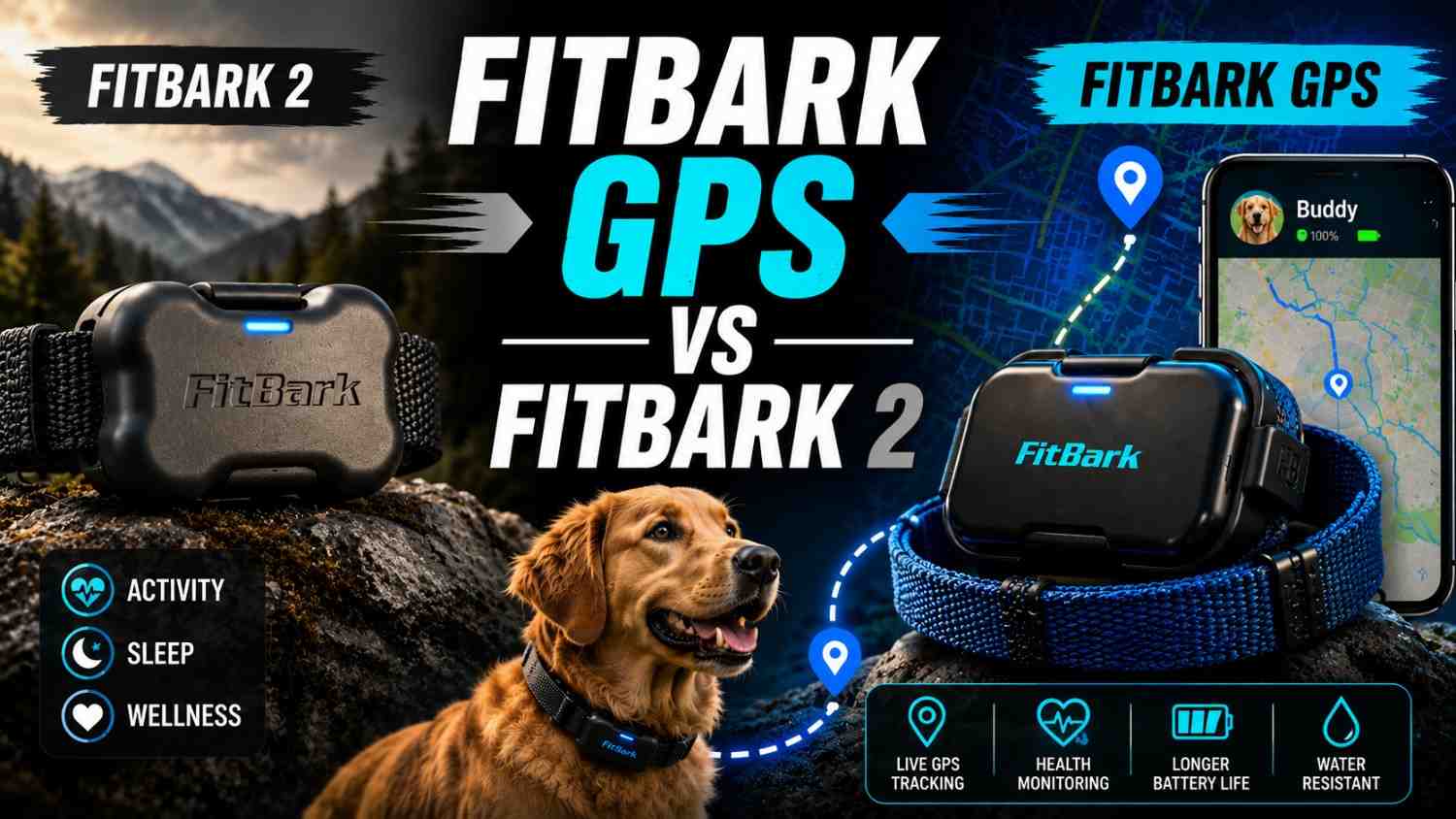 FitBark GPS Dog Tracker vs FitBark 2 comparison showing GPS tracking, health monitoring, and smart dog collar features