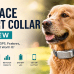 PetPace Smart Collar review image showing a dog wearing the PetPace health monitoring smart collar with GPS and wellness tracking features