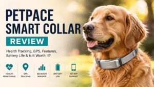PetPace Smart Collar review image showing a dog wearing the PetPace health monitoring smart collar with GPS and wellness tracking features