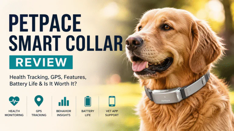 PetPace Smart Collar review image showing a dog wearing the PetPace health monitoring smart collar with GPS and wellness tracking features